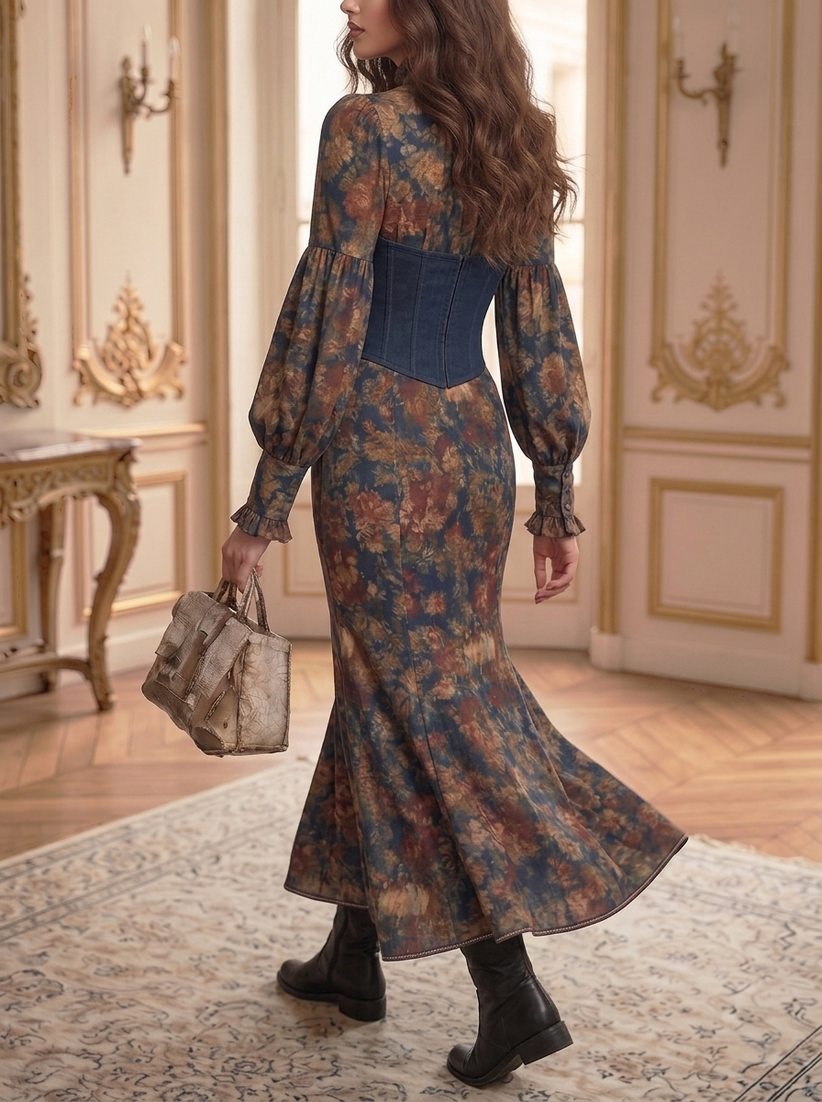 Denim Corset Floral Mermaid Dress