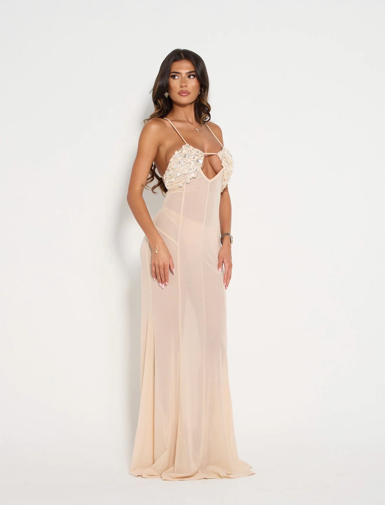 3D Flower Applique Sheer Mesh Maxi Dress