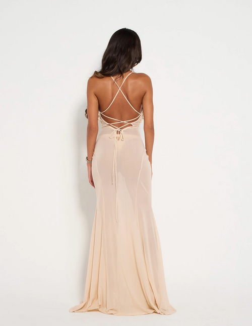 3D Flower Applique Sheer Mesh Maxi Dress