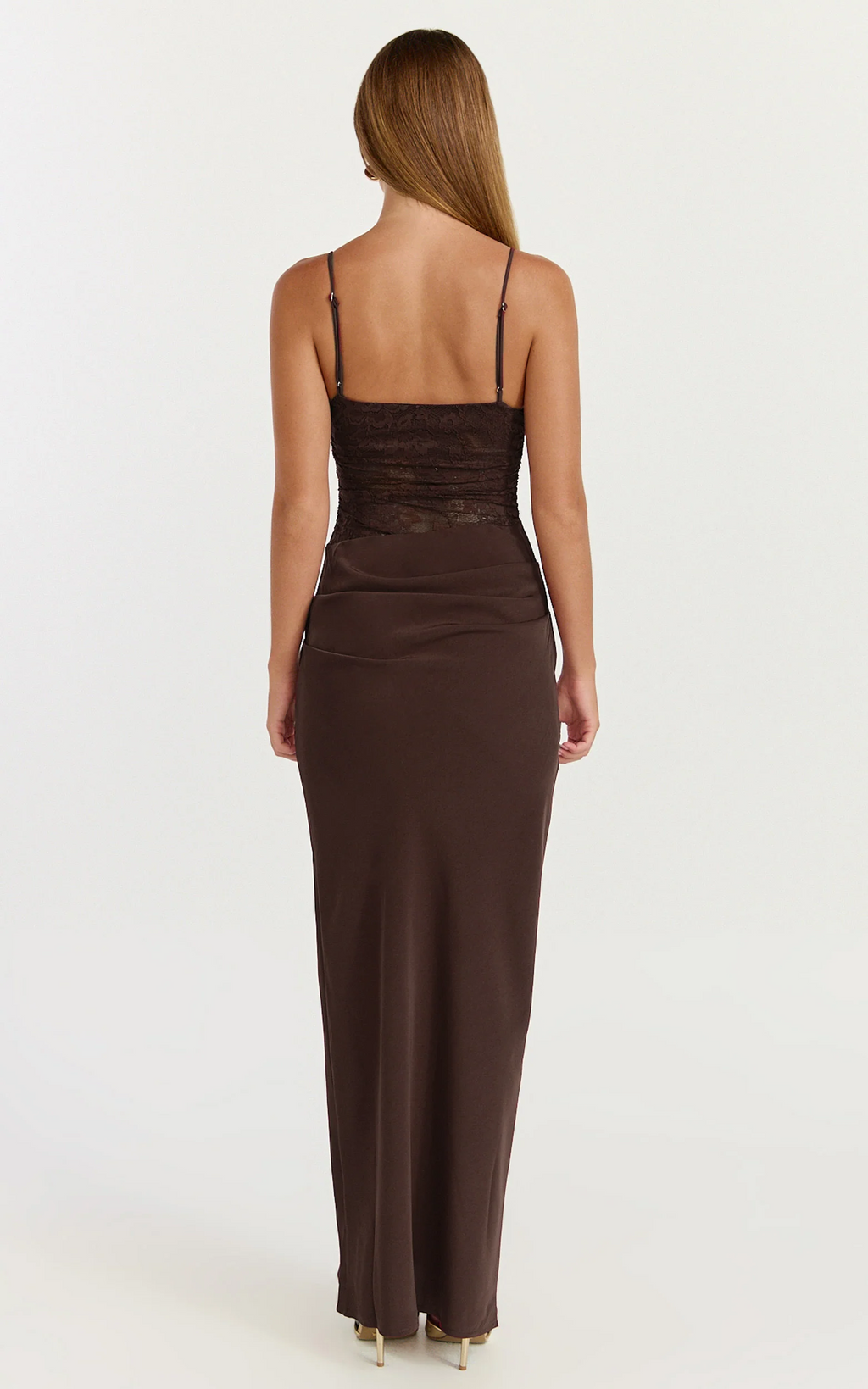 Lace Panel Draped Satin Maxi Dress