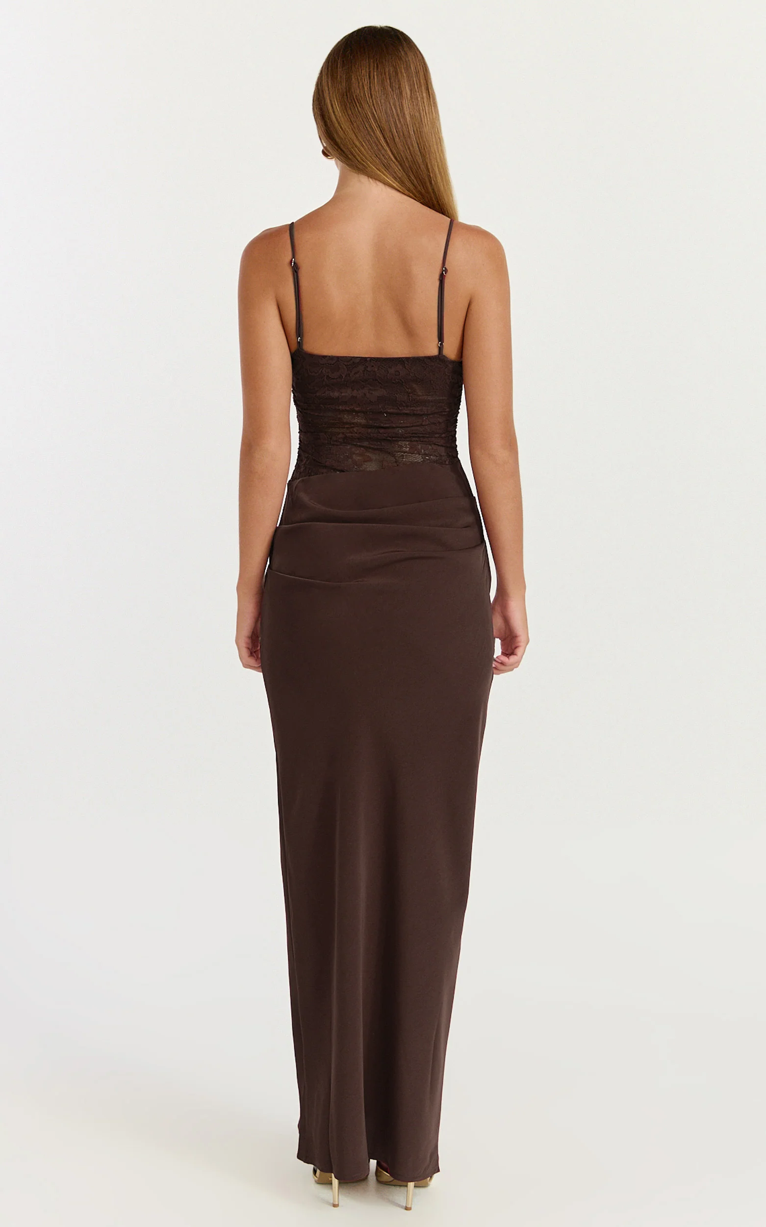 Lace Panel Draped Satin Maxi Dress