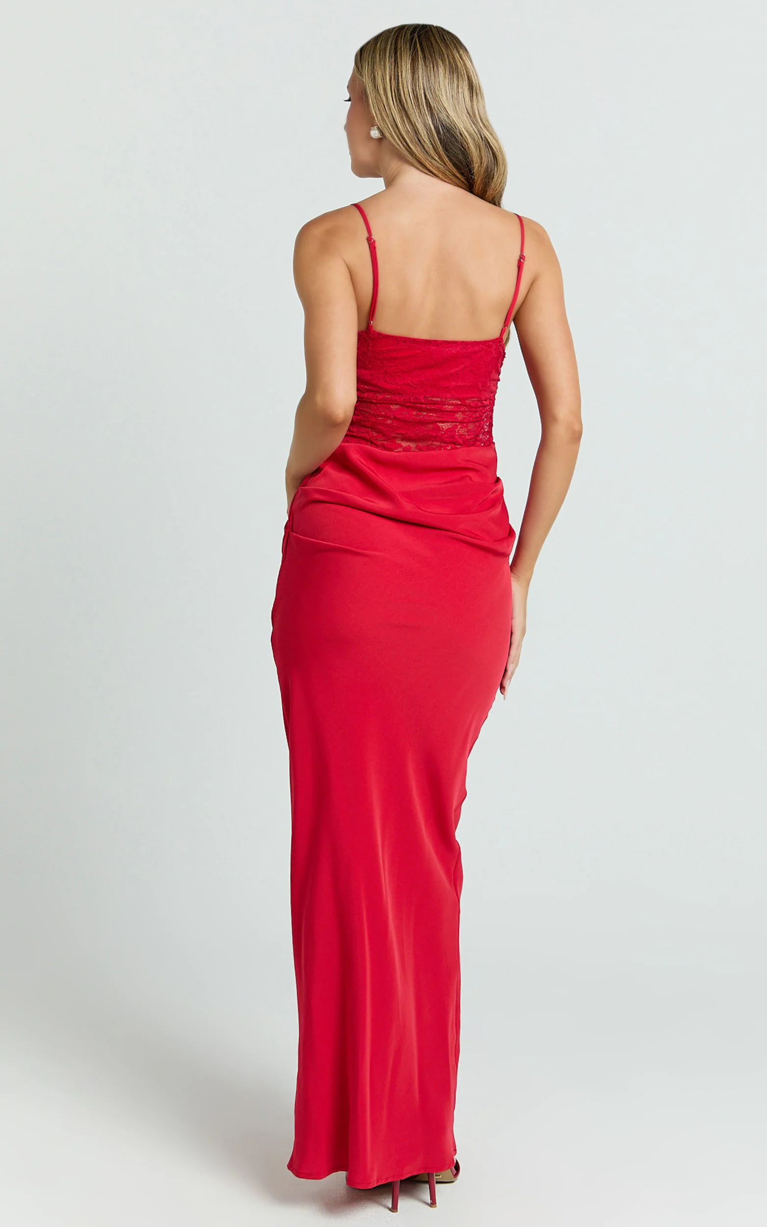 Lace Panel Draped Satin Maxi Dress