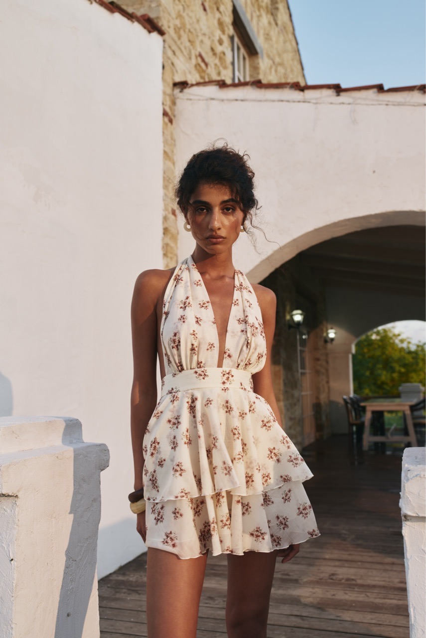 Halter Floral Tiered Ruffle Mini Dress