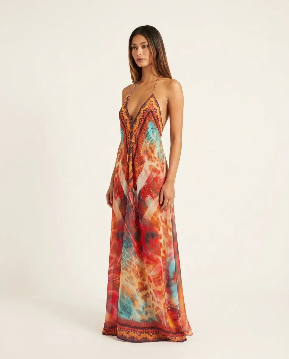 Tribal Print Halter Lace Trim Maxi Dress