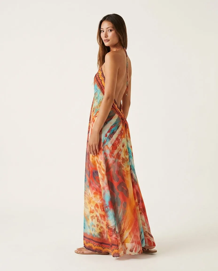 Tribal Print Halter Lace Trim Maxi Dress