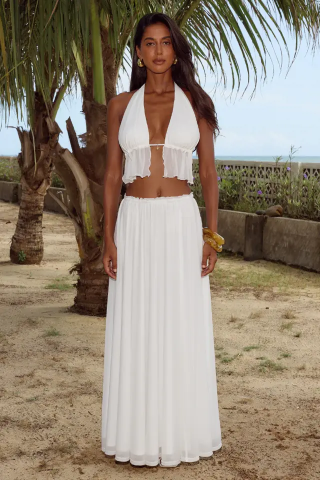 Halter Ruffle Crop Top & Slit Maxi Skirt Set