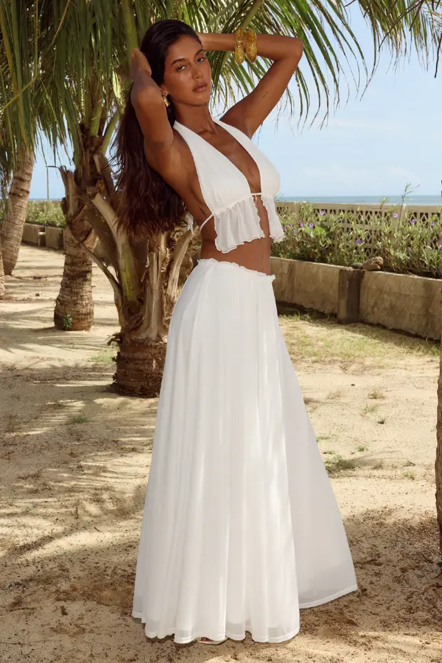 Halter Ruffle Crop Top & Slit Maxi Skirt Set