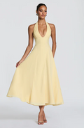 Halter Deep V-Neck Ruched A-Line Midi Dress