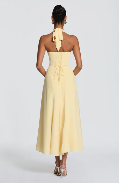 Halter Deep V-Neck Ruched A-Line Midi Dress