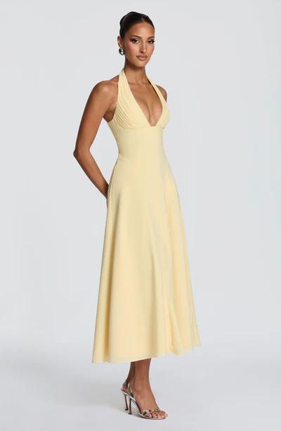 Halter Deep V-Neck Ruched A-Line Midi Dress