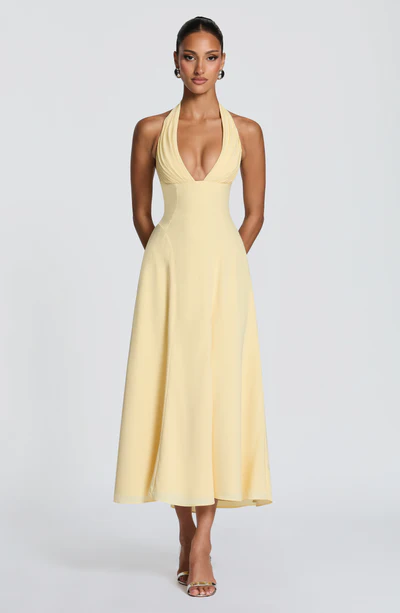 Halter Deep V-Neck Ruched A-Line Midi Dress