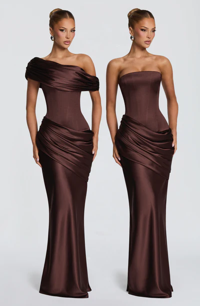 Asymmetric Draped Off Shoulder Maxi Dress