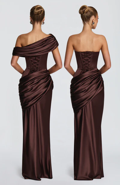 Asymmetric Draped Off Shoulder Maxi Dress