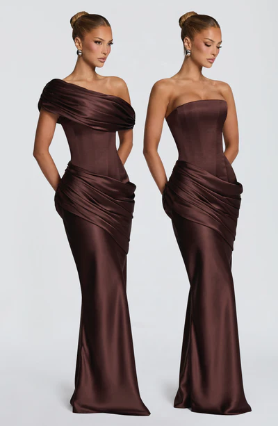 Asymmetric Draped Off Shoulder Maxi Dress