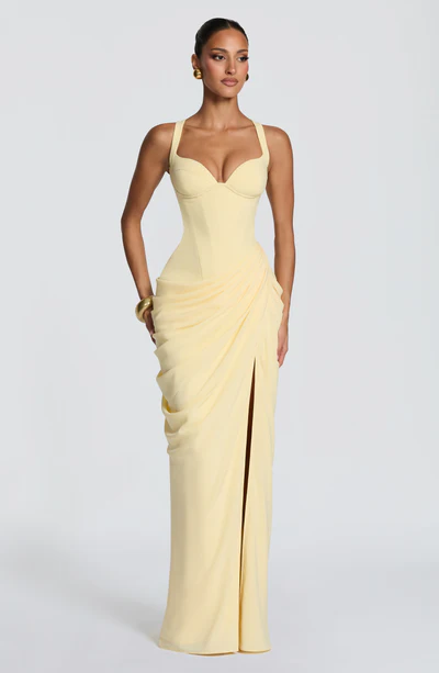 Corset Bodice High Slit Draped Gown