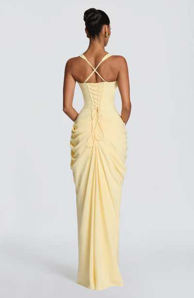 Corset Bodice High Slit Draped Gown