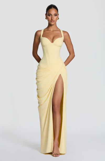 Corset Bodice High Slit Draped Gown