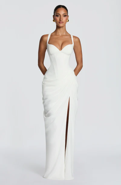 Corset Bodice High Slit Draped Gown