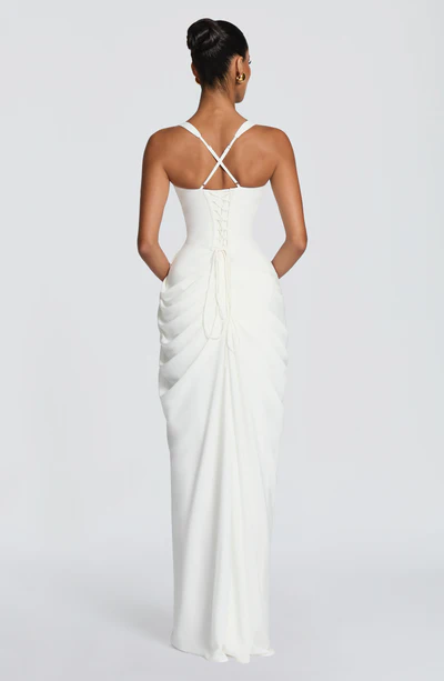 Corset Bodice High Slit Draped Gown