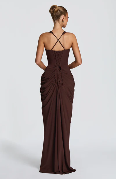 Corset Bodice High Slit Draped Gown