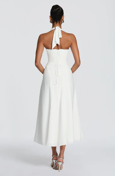 Halter Deep V-Neck Ruched A-Line Midi Dress