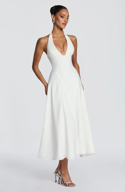 Halter Deep V-Neck Ruched A-Line Midi Dress