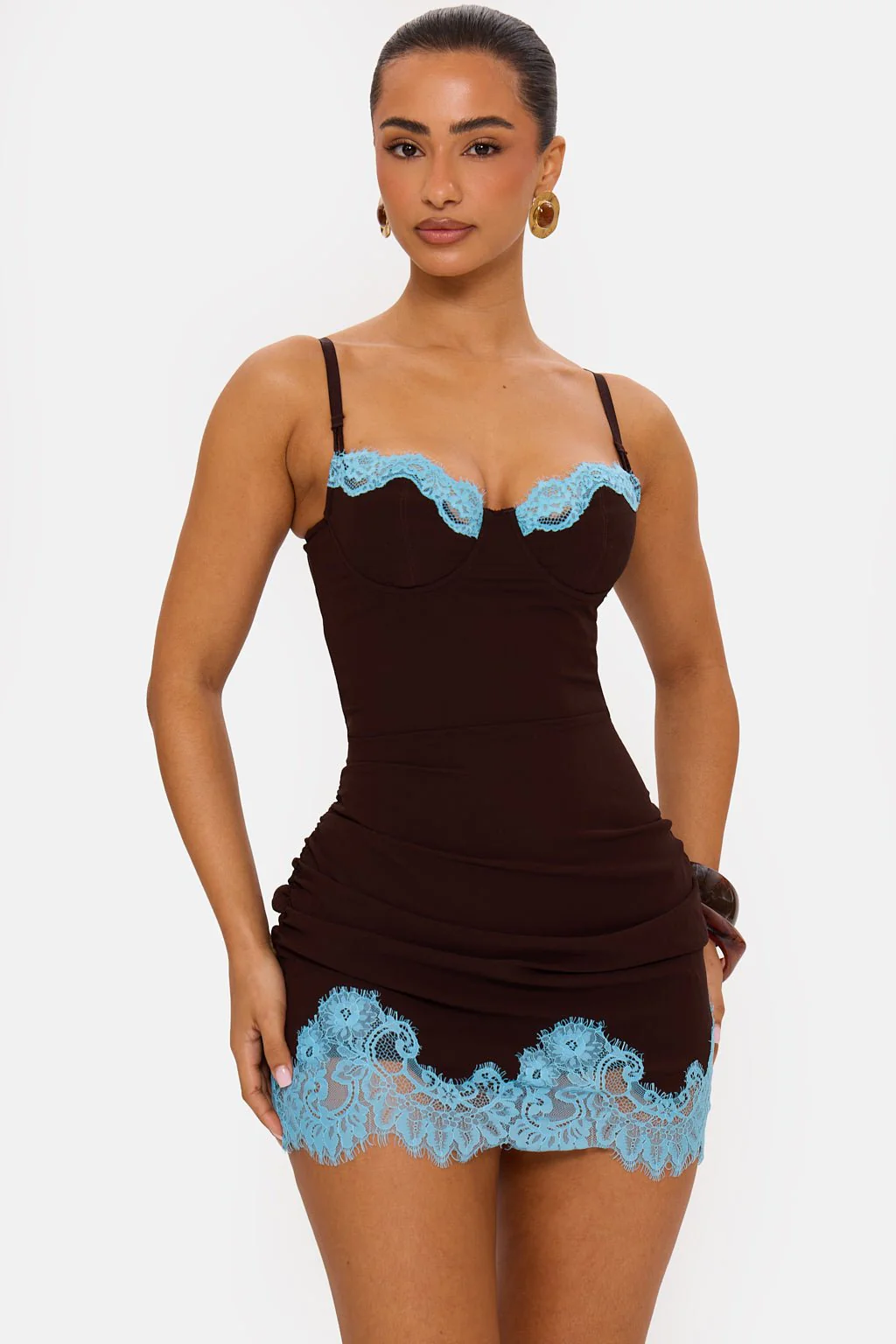 Contrast Lace Trim Ruched Bodycon Mini Dress