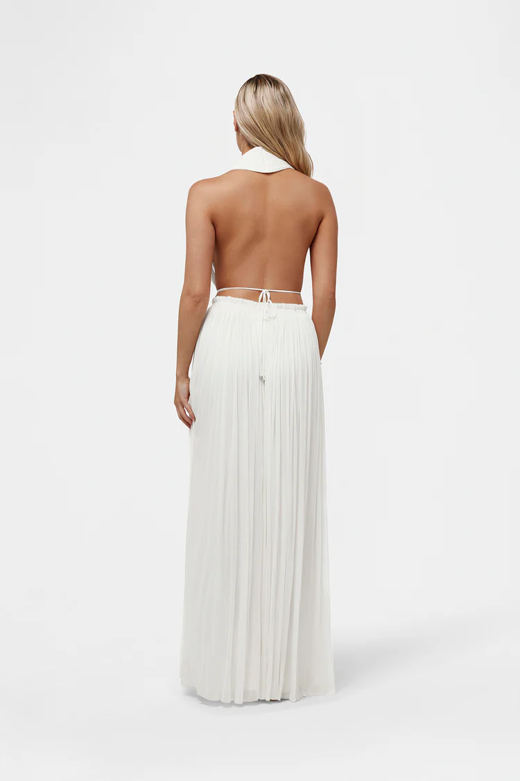 Pleated Halter V-Neck Wide-Leg Jumpsuit