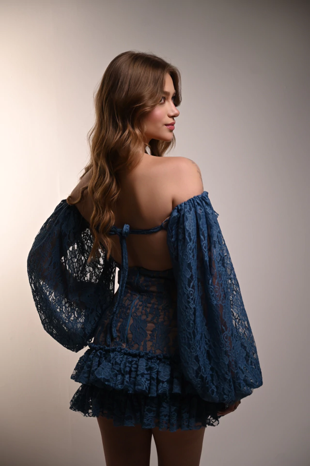 Off-Shoulder Lace Balloon Sleeve Ruffle Mini Dress