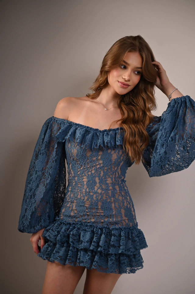 Off-Shoulder Lace Balloon Sleeve Ruffle Mini Dress
