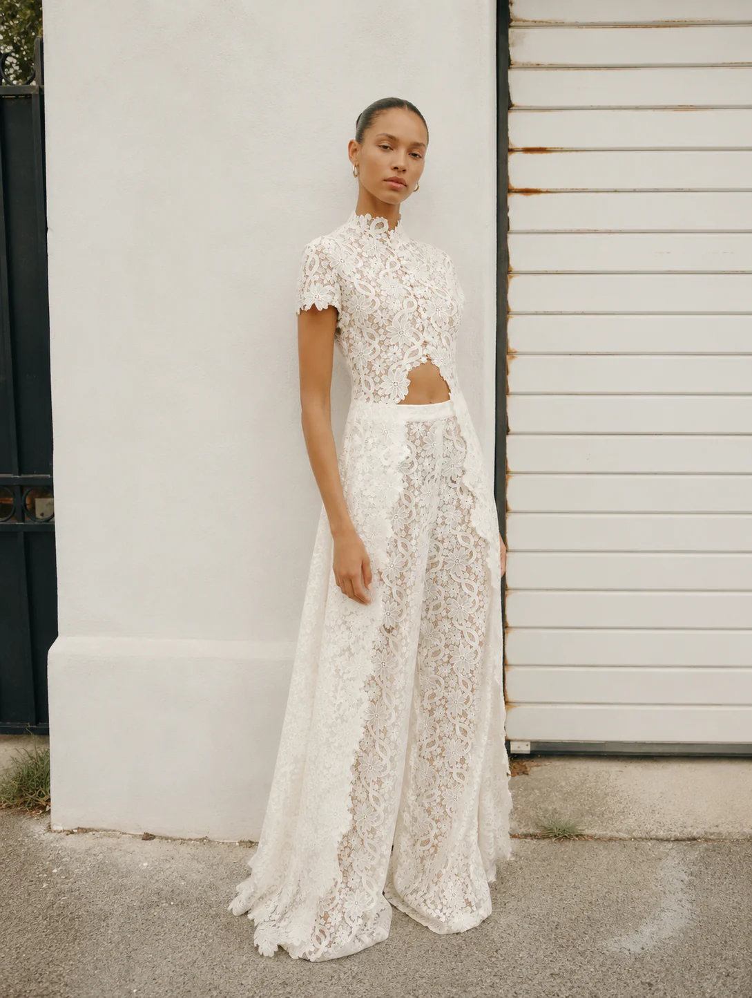 Sheer Lace Cutout High Neck Top（Only tops）