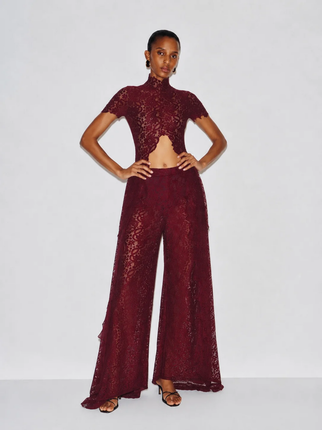 Sheer Lace Cutout High Neck Top（Only tops）