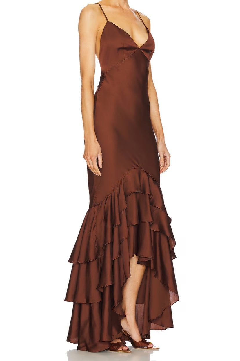 Satin Spaghetti Strap Ruffle Hem Maxi Dress