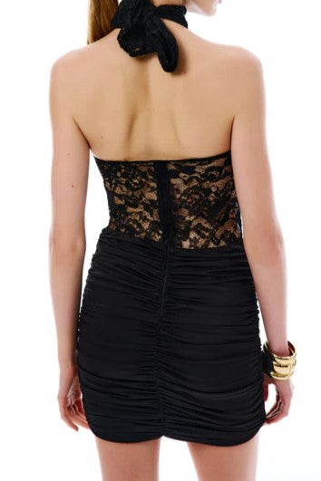 High Neck Lace Insert Ruched Mini Dress