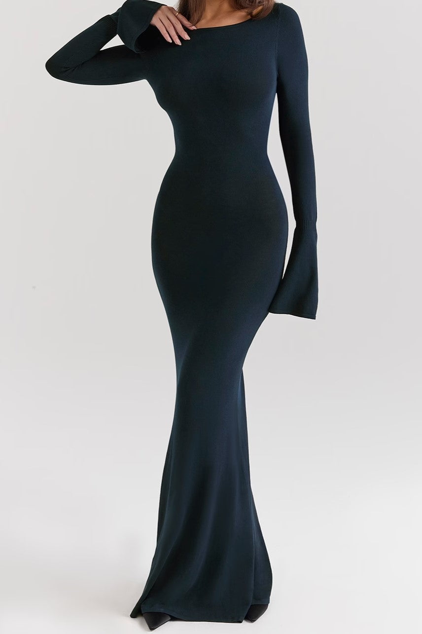 Open Back Bow Detail Long Sleeve Maxi Dress