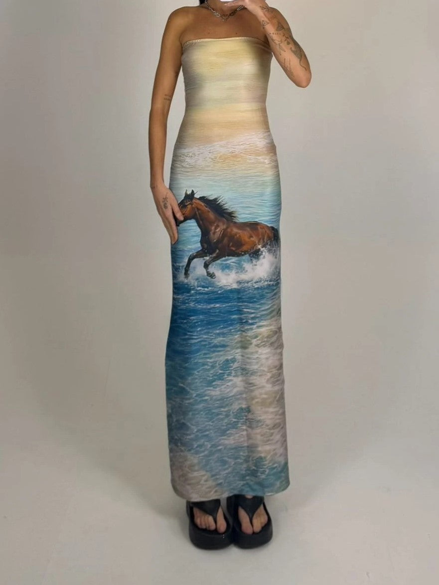 Strapless Ocean Scenery Horse Print Maxi Dress