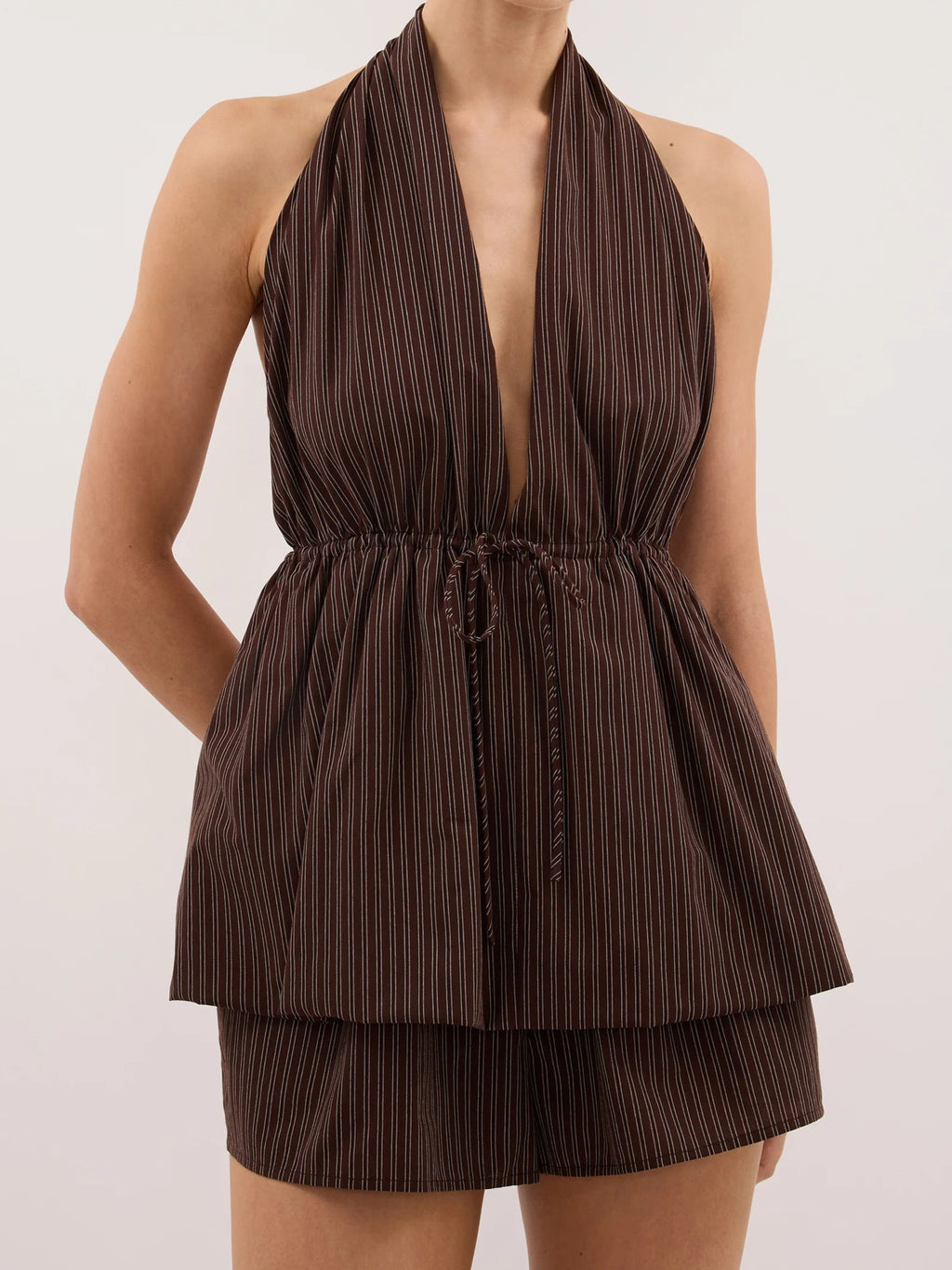 Brown Striped Halter Top And Shorts Two-Piece Set