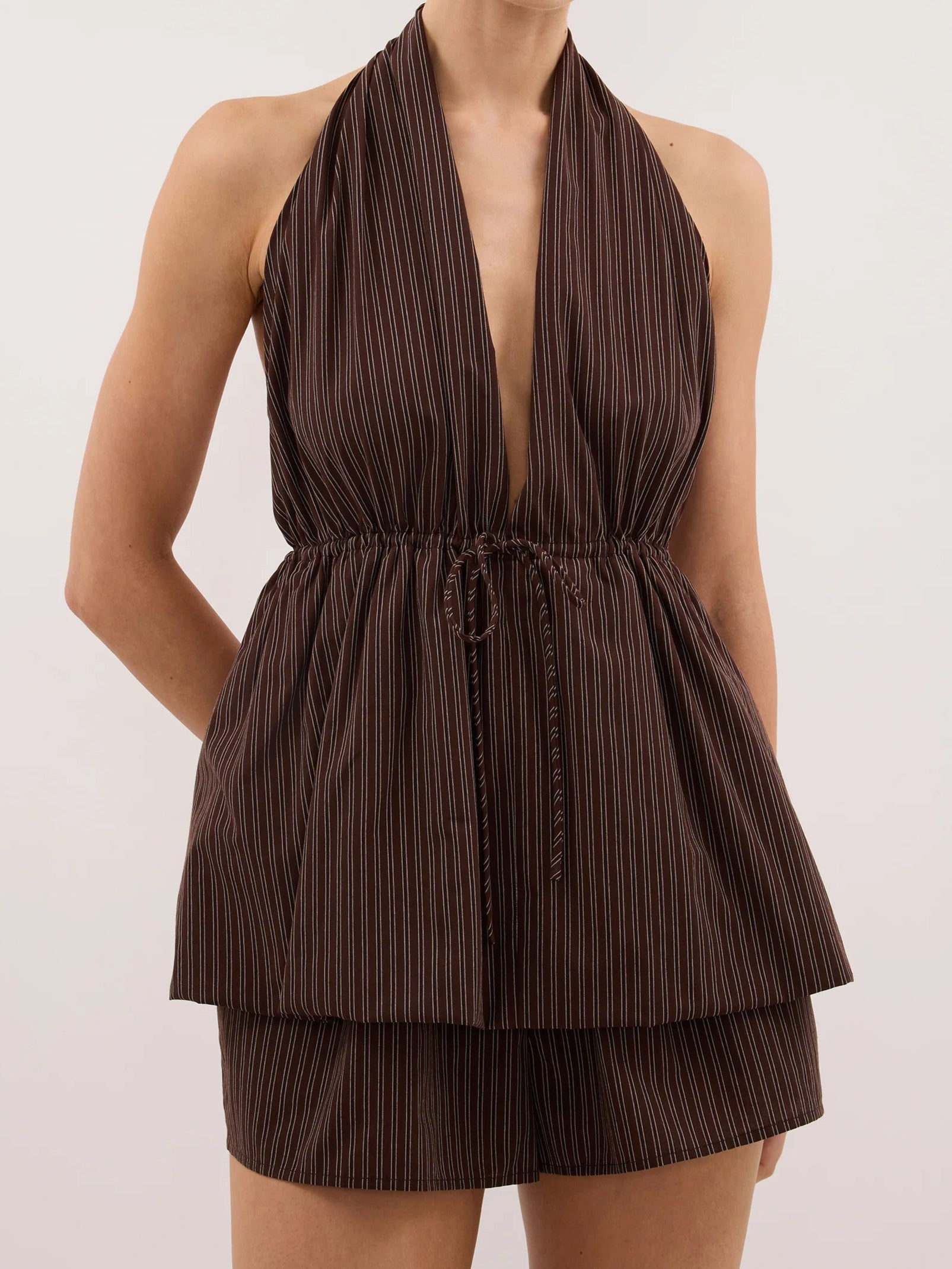 Brown Striped Halter Top And Shorts Two-Piece Set