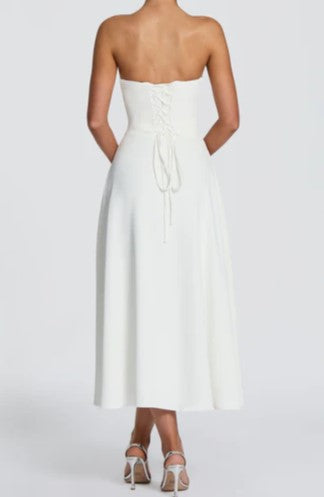 White Strapless Cowl Neck A-Line Midi Dress