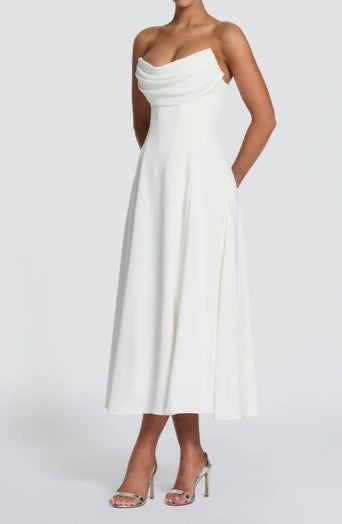 White Strapless Cowl Neck A-Line Midi Dress