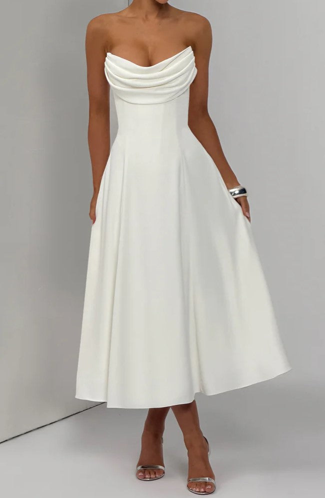 White Strapless Cowl Neck A-Line Midi Dress