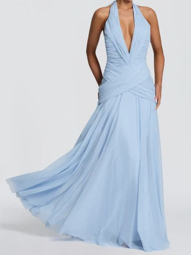 Light Blue Halter Ruched Wrap Maxi Dress