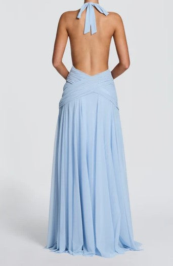 Light Blue Halter Ruched Wrap Maxi Dress