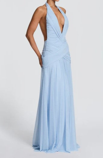 Light Blue Halter Ruched Wrap Maxi Dress