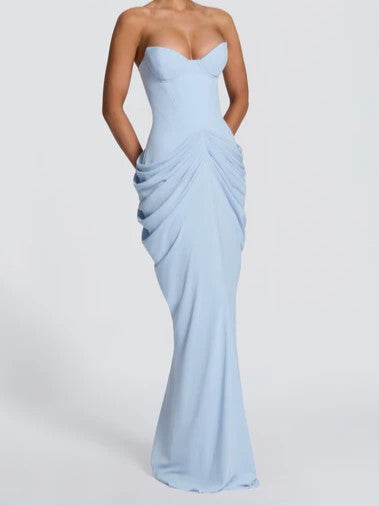 Light Blue Strapless Corset Ruched Maxi Dress