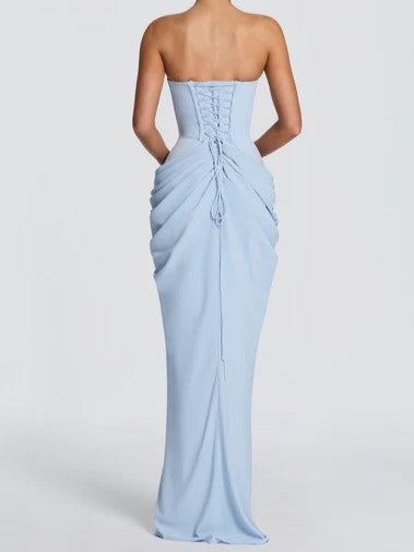 Light Blue Strapless Corset Ruched Maxi Dress