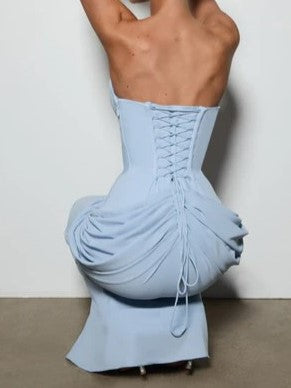 Light Blue Strapless Corset Ruched Maxi Dress