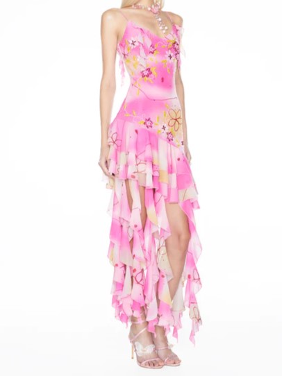 Sheer Floral Embellished Tiered Ruffle Slip Dress