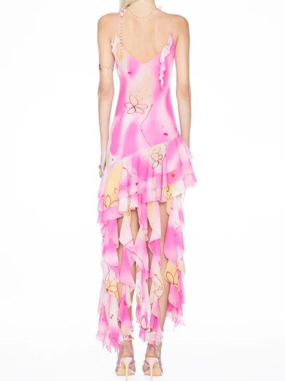 Sheer Floral Embellished Tiered Ruffle Slip Dress