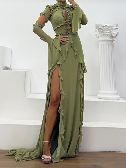Cold Shoulder Ruffled High Slit Chiffon Gown